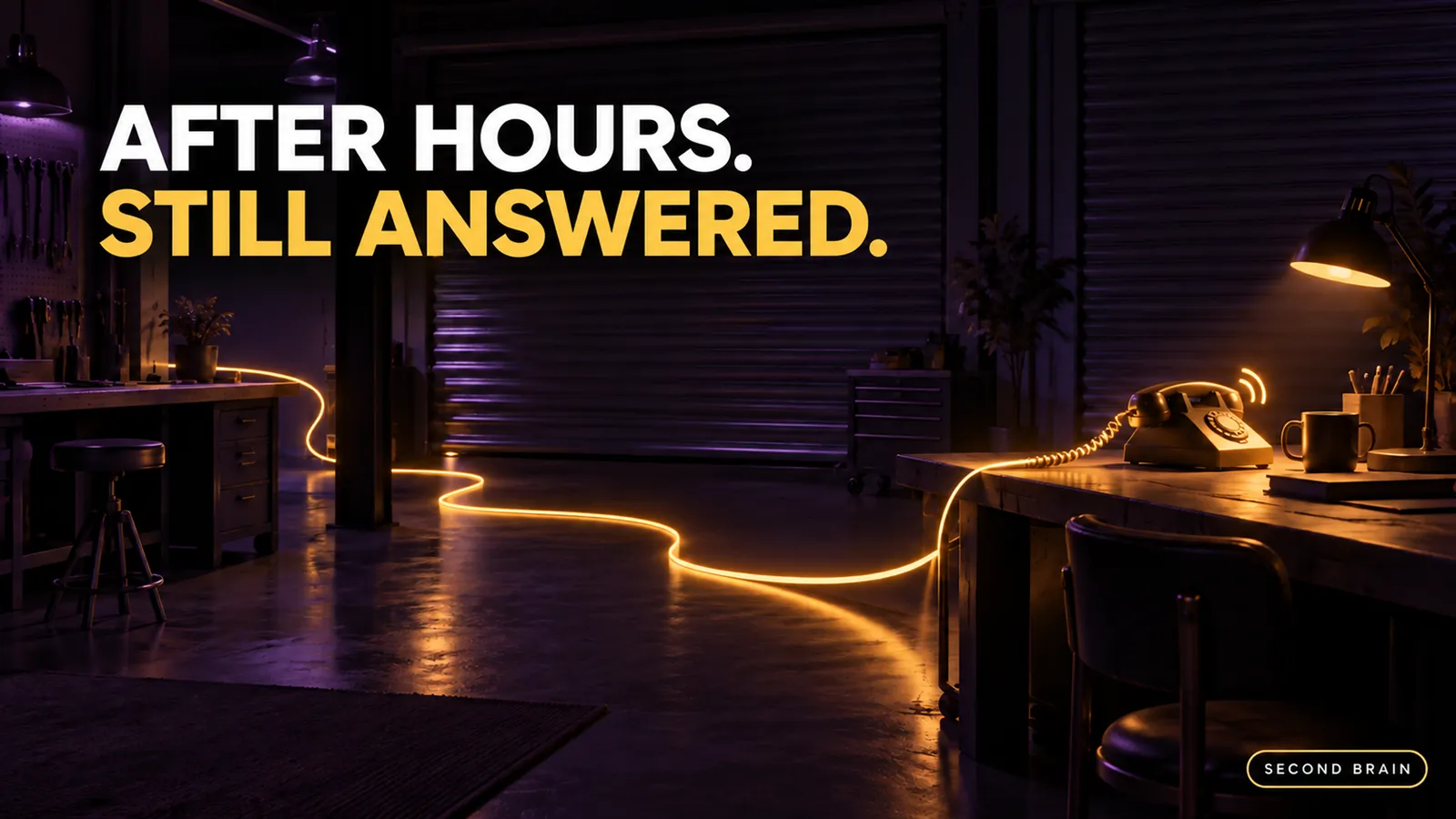 A dark closed workshop with one phone line still glowing, showing how service businesses answer calls outside opening hours