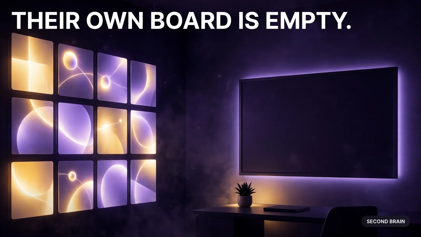 An agency office where glowing client campaigns fill one wall while the agency's own marketing board sits empty