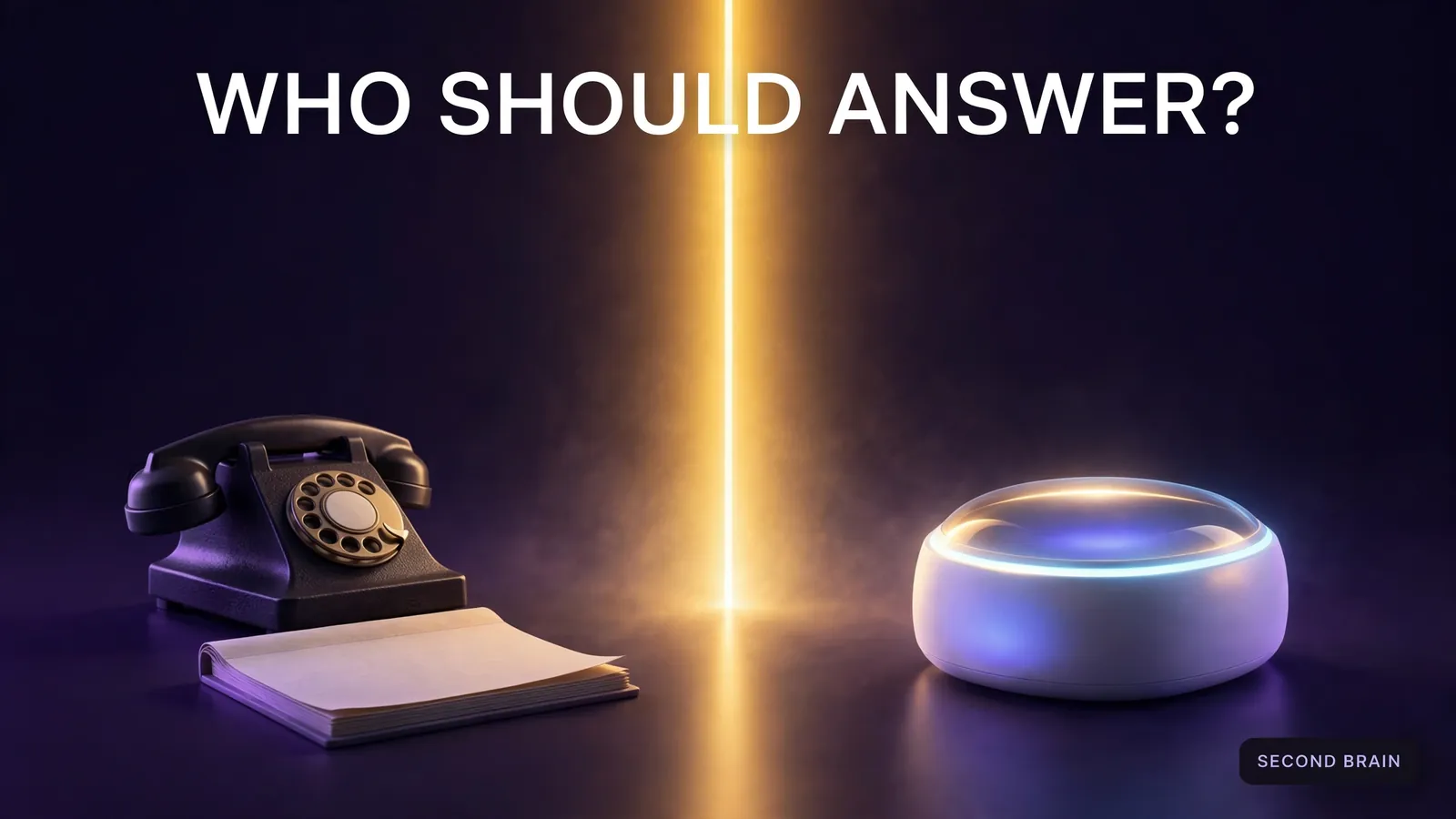 A vintage telephone and message pad on one side and a modern AI voice assistant on the other, split by a gold line