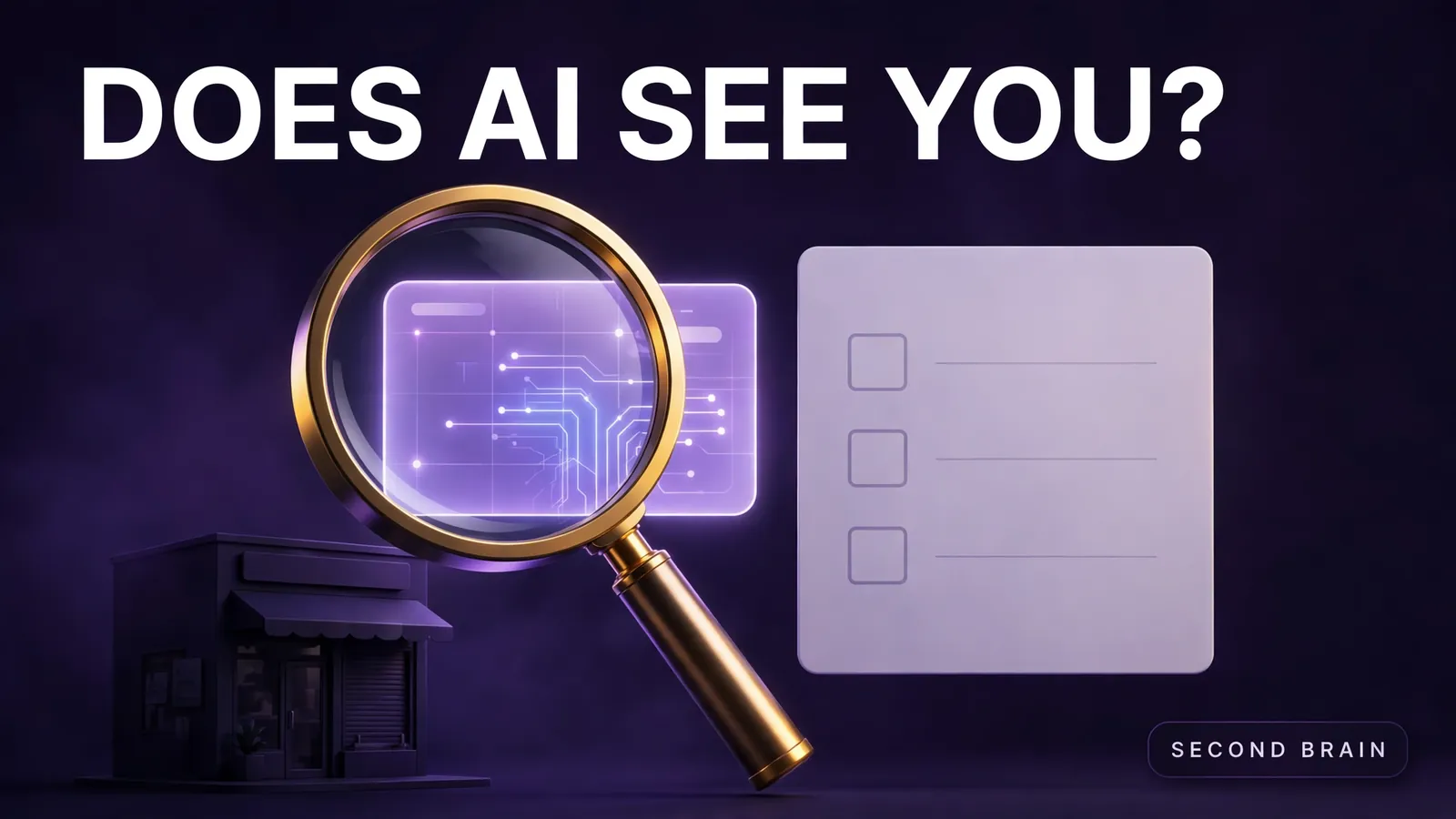 A magnifying lens inspecting a glowing AI answer panel during an AI visibility audit, with a findings checklist beside it