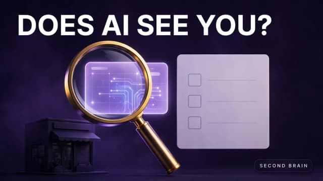 A magnifying lens inspecting a glowing AI answer panel during an AI visibility audit, with a findings checklist beside it