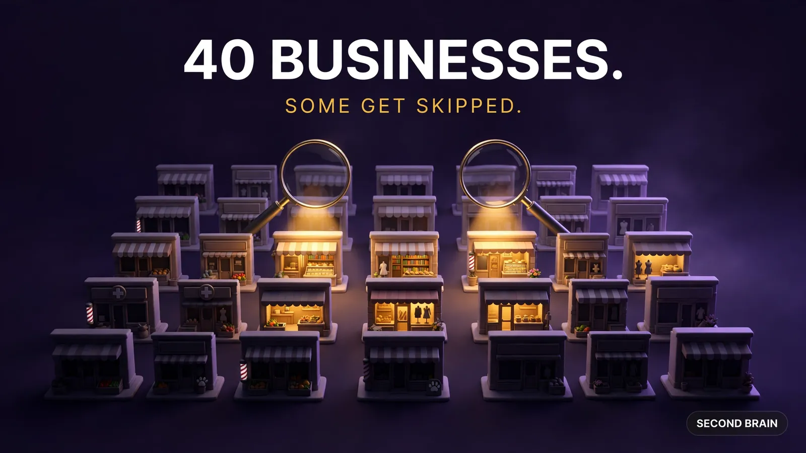 Forty small local business storefronts under audit spotlights, showing how ChatGPT recommends some and skips others