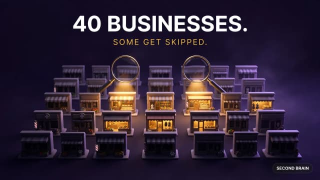 Forty small local business storefronts under audit spotlights, showing how ChatGPT recommends some and skips others