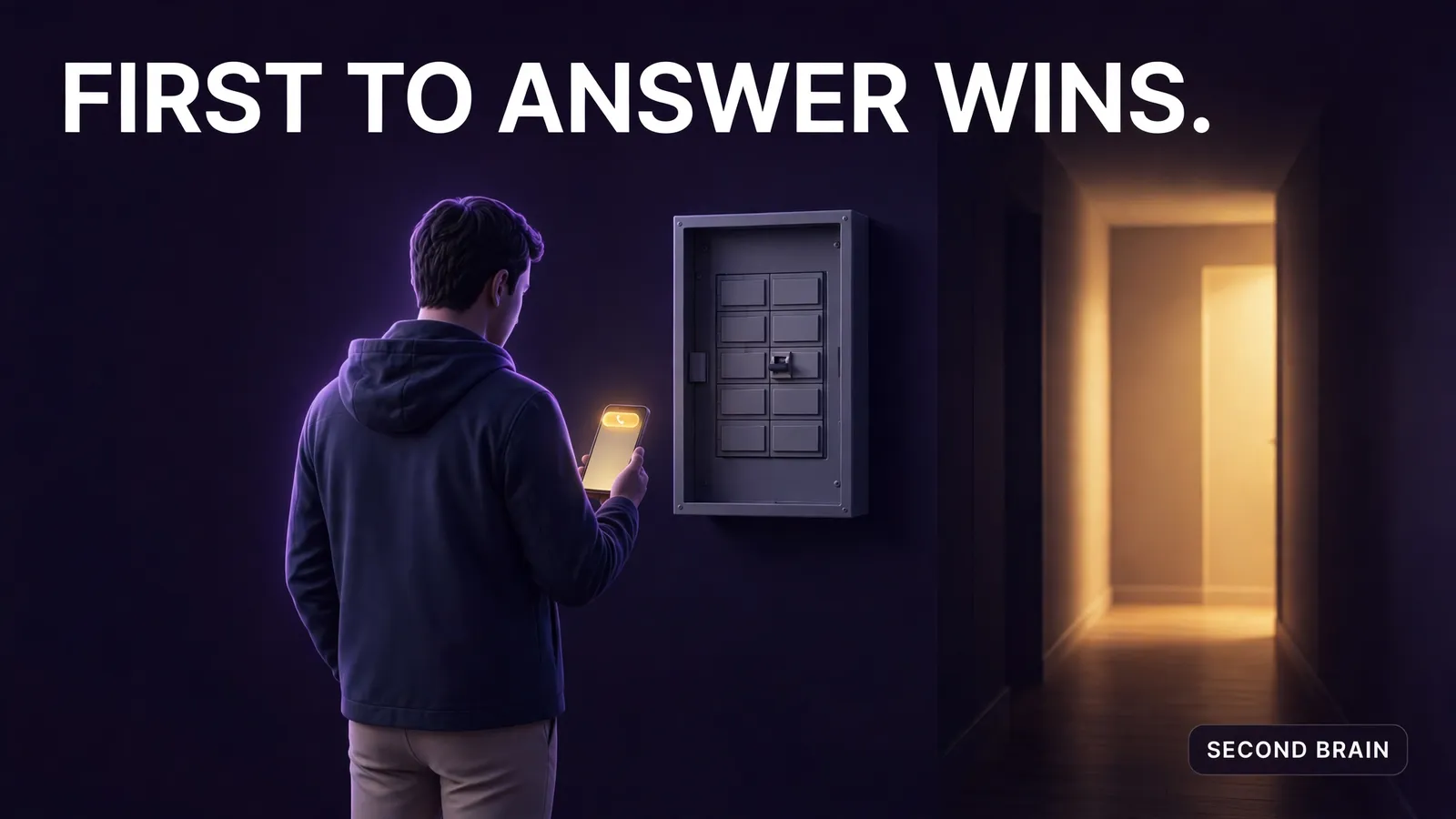 An electrician answering first while a homeowner with a tripped breaker works down a list of companies, the speed-to-lead race for electricians