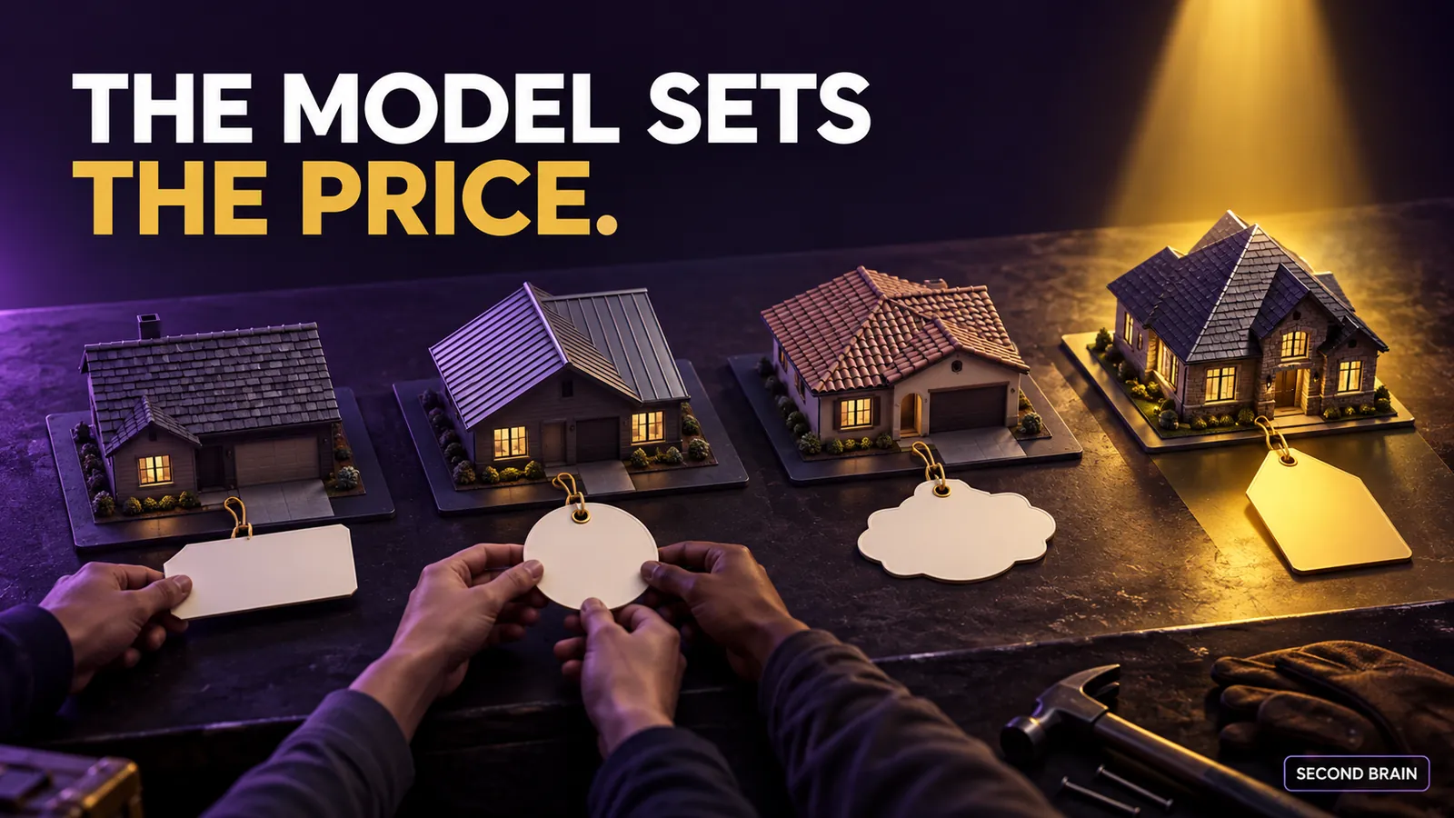 Four differently priced roofing lead cards on a dark workbench, showing how lead pricing models change the real cost per job