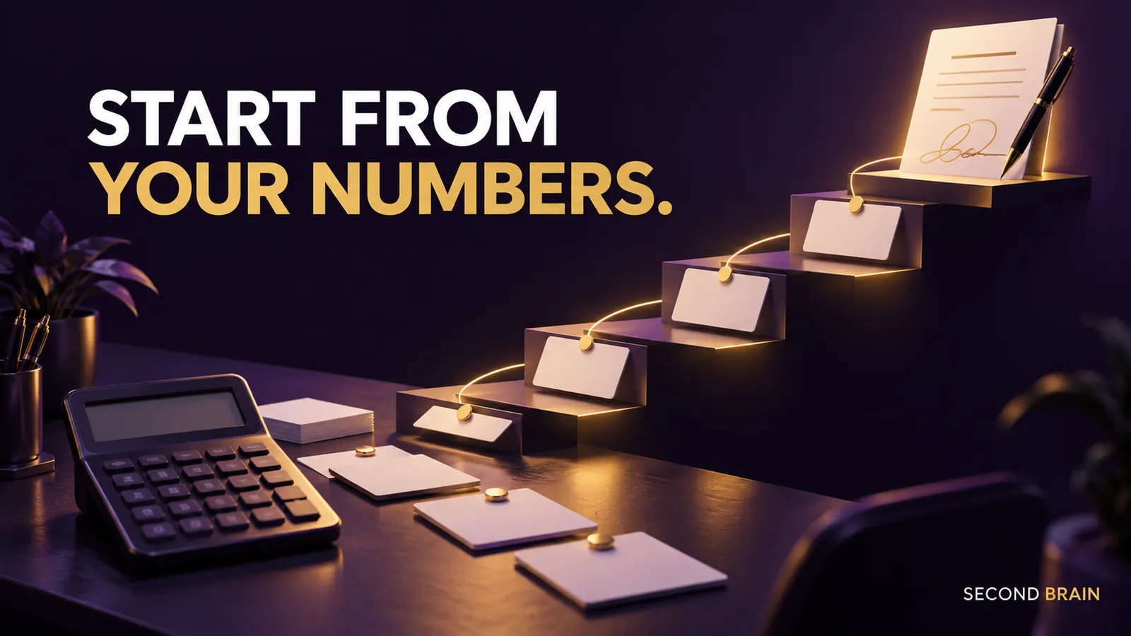 A roofing owner building a marketing budget backwards from job values and close rates on a dark calculator desk
