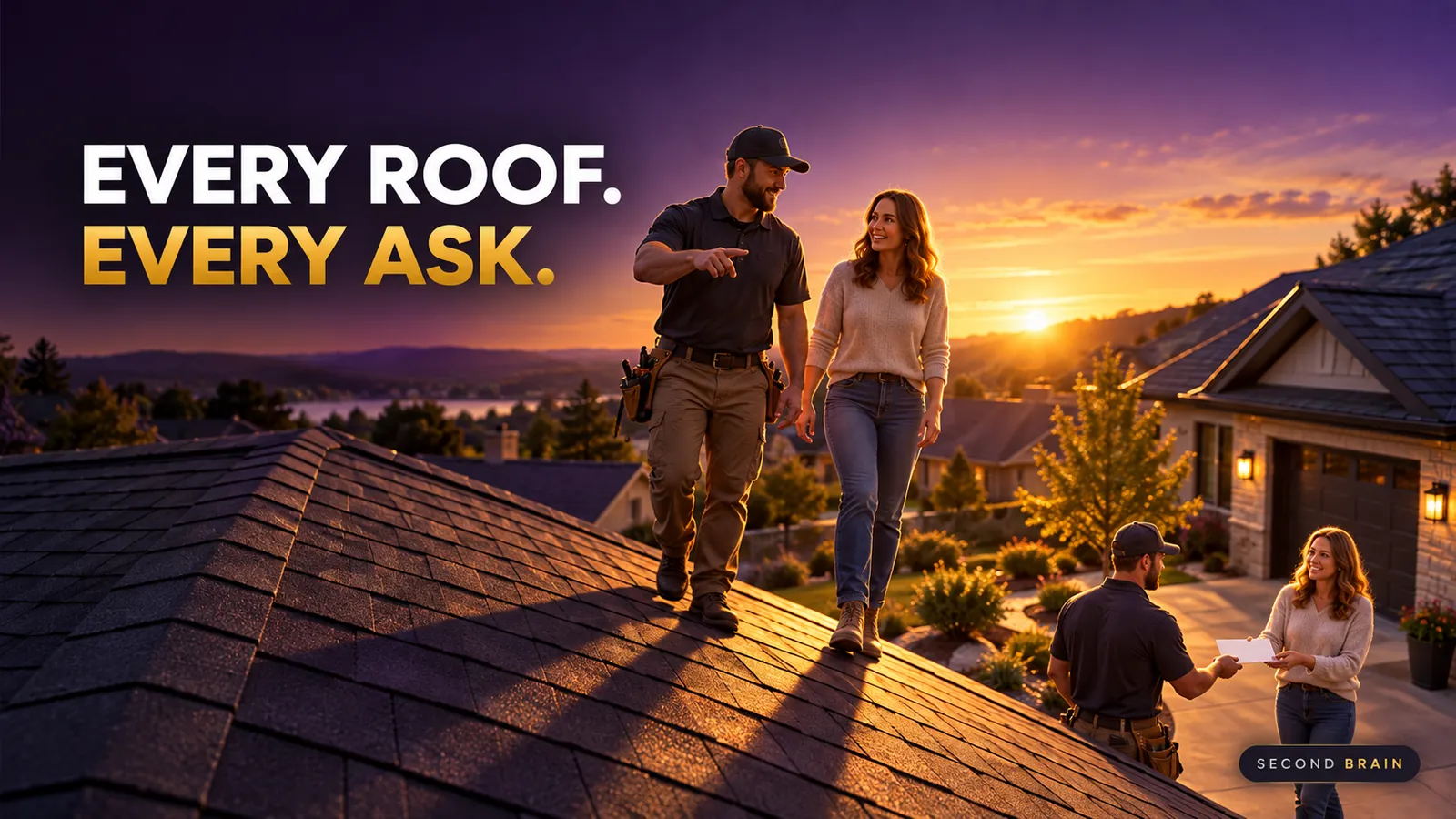 A roofer finishing a job while a review request goes to the homeowner, showing how roofing companies build reviews into every job