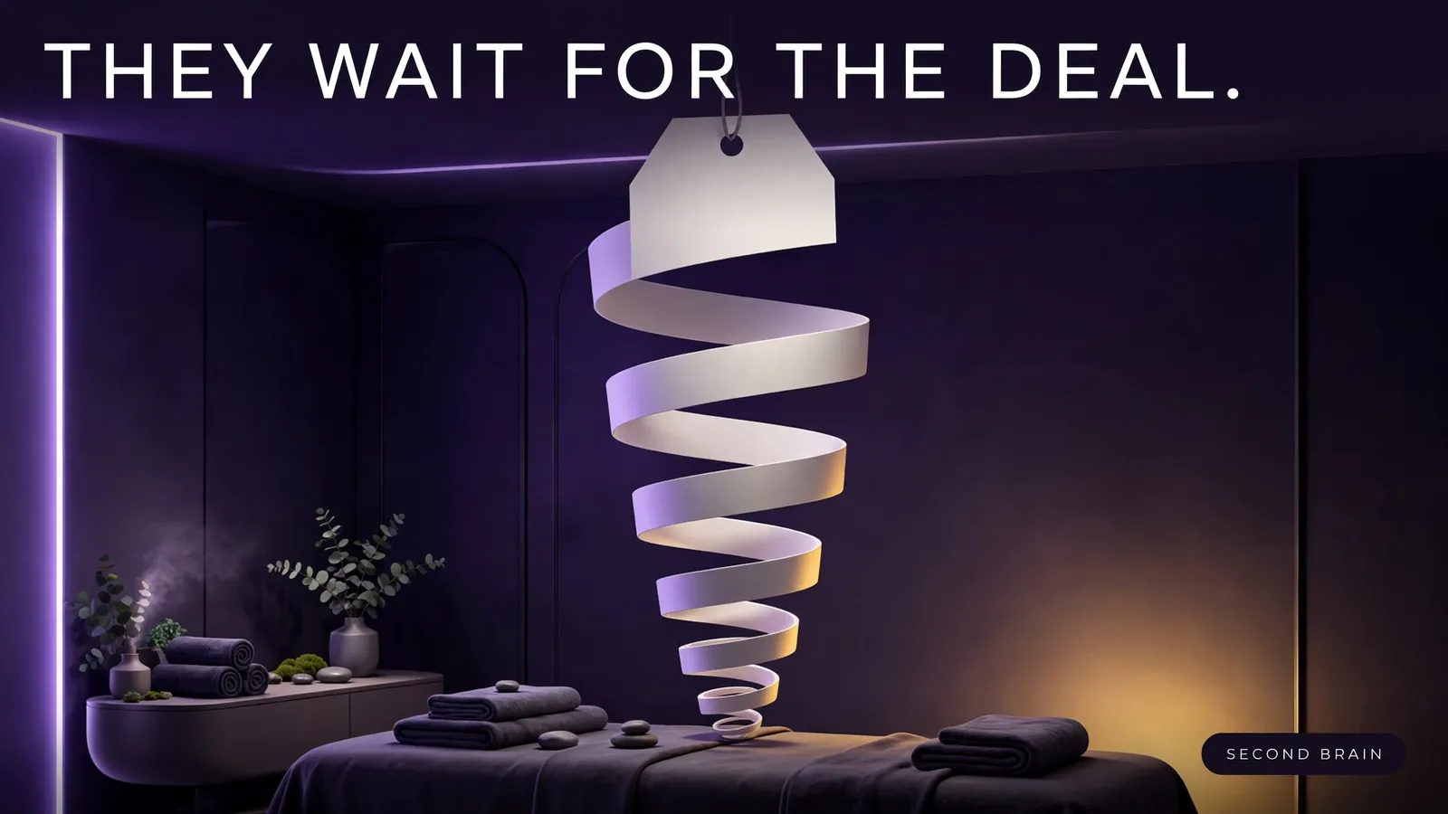 A med spa treatment room with a spiralling discount tag, showing how discounting trains clients to wait for the next deal