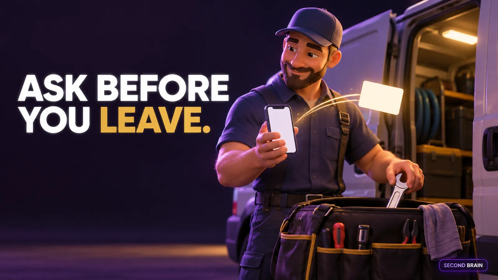 A plumber sending a review request before leaving a finished job, showing how plumbing companies ask at the right moment