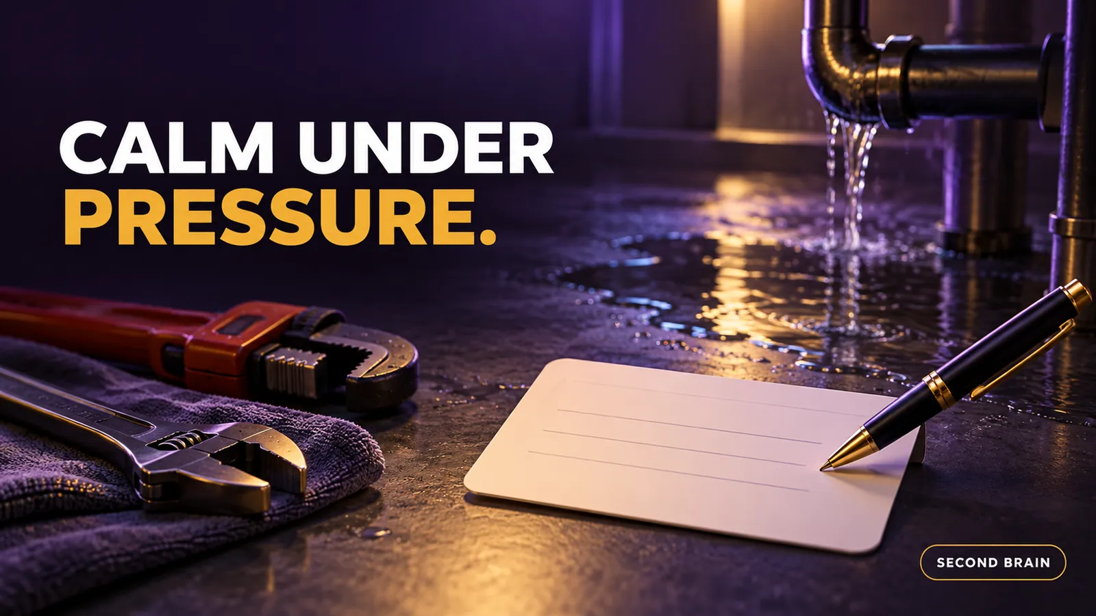 A plumbing review reply written calmly beside tools and a flooded floor, showing the structure behind a good response