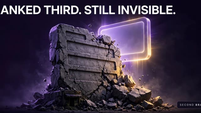 A crumbling search rankings monument behind a rising AI answer, showing why ranking is not enough any more
