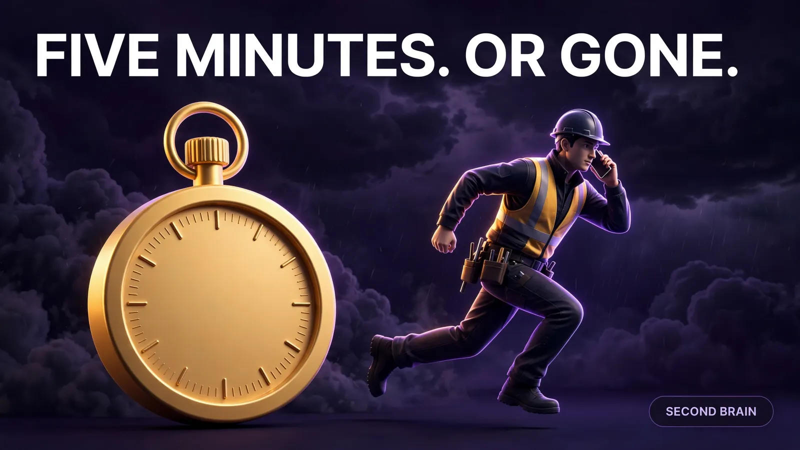 A stopwatch at five minutes beside a roofer answering a new lead's call, the speed-to-lead playbook in one image