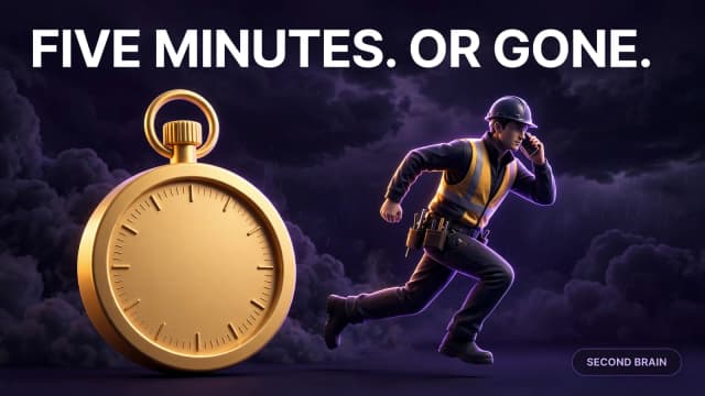 A stopwatch at five minutes beside a roofer answering a new lead's call, the speed-to-lead playbook in one image