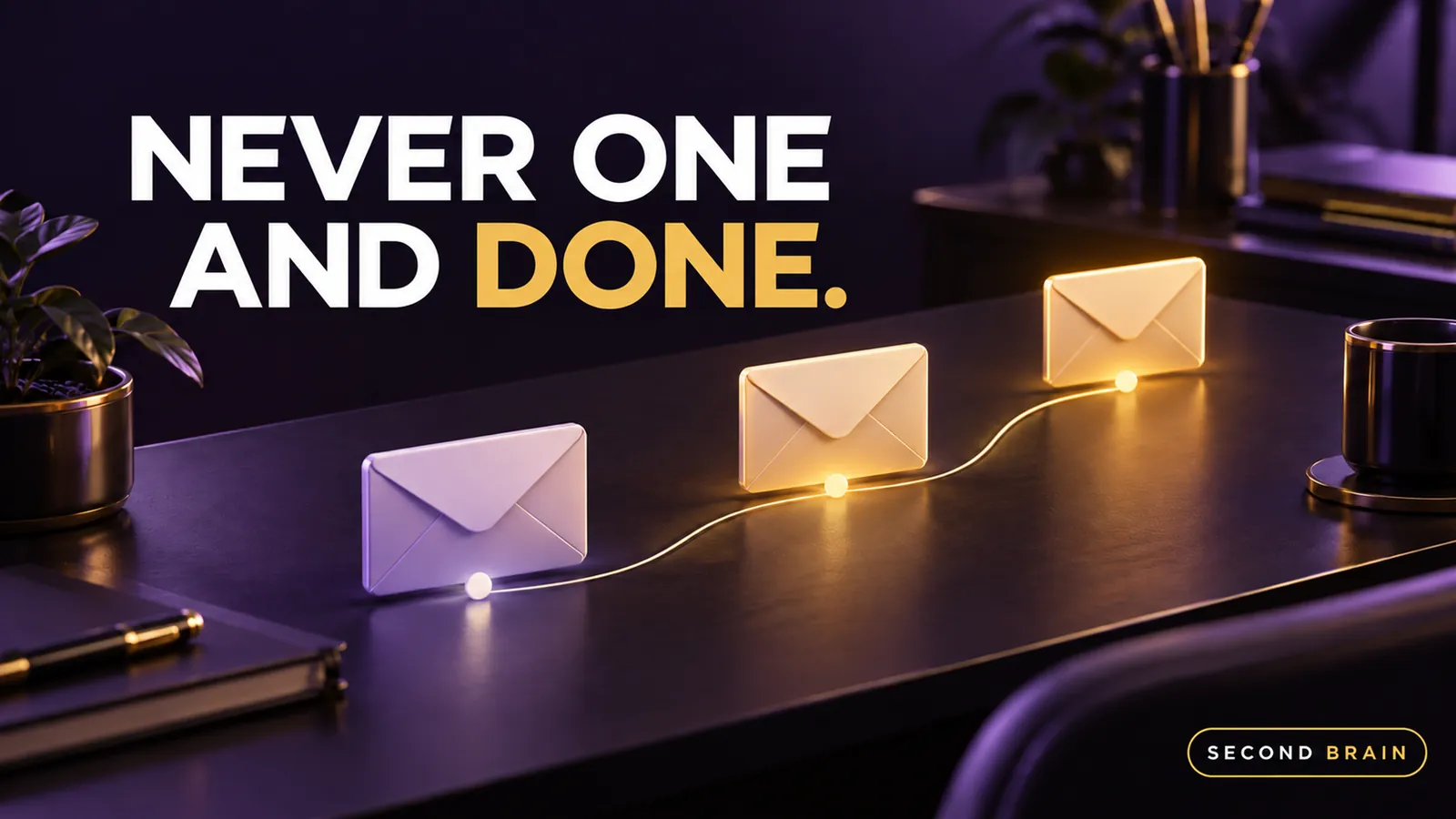 A sequence of follow-up emails on a service business desk, showing the message after the first one goes unanswered