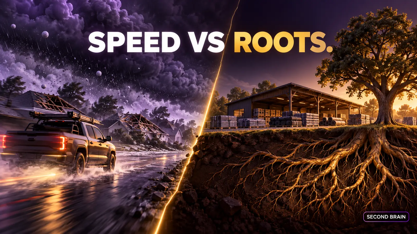 A storm crew racing into a damaged town on one side and a long-established local roofing company on the other, two models in one trade