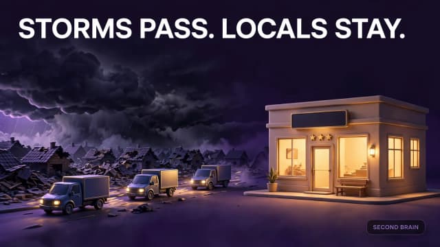 Storm chasers racing under black clouds on one side and a trusted local roofing company on the other, two different businesses