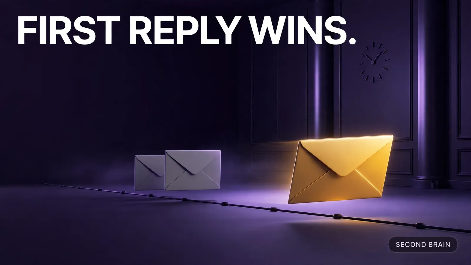 An event venue hall where one gold reply envelope races far ahead of two grey ones, showing how venue enquiry response time decides who gets the booking